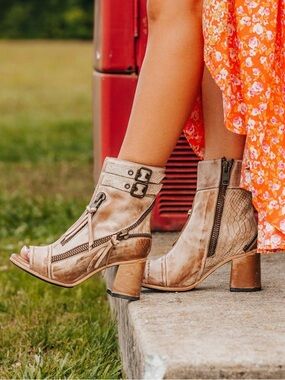 Freebird by Steven Taupe Leather Open-Toe Ankle Heeled Boots
